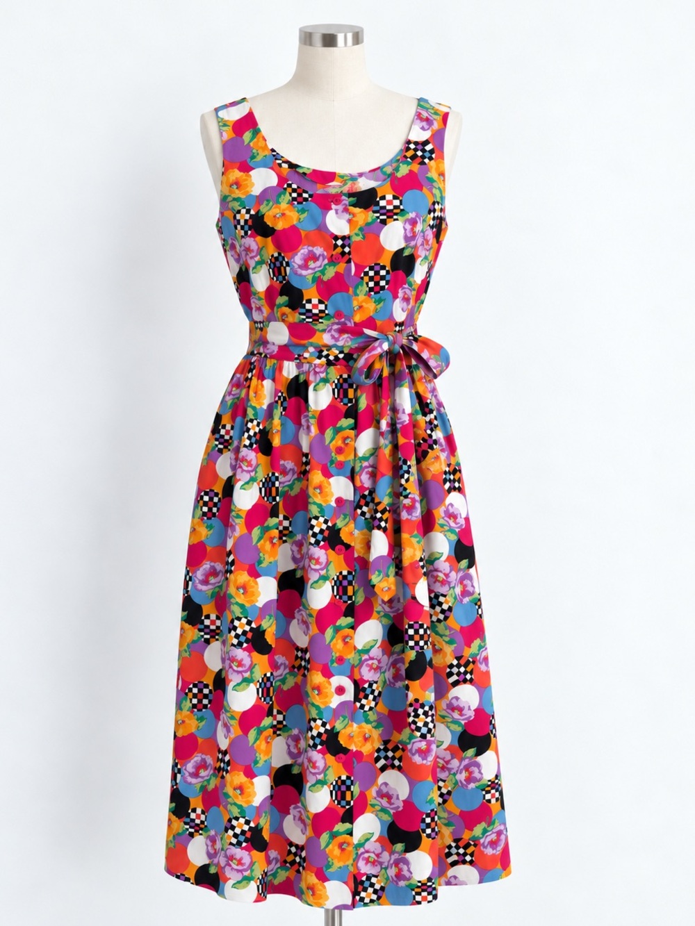 Vintage Maximalist Optical Floral Cotton Midi Dress with Sash M